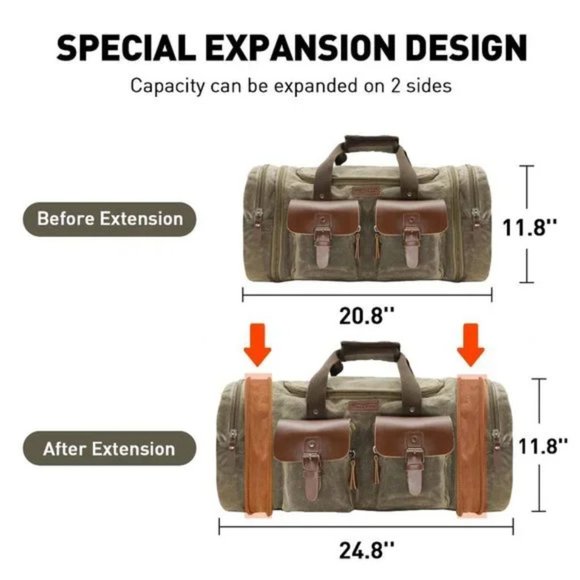 New Expandable Canvas Genuine Leather Duffle Bag Khaki Gray - Picture 6 of 8